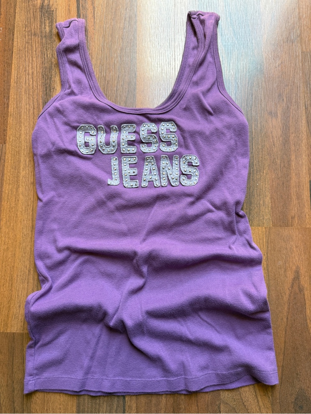 VTG Guess Jeans Tank Top Womens Small Purple Rhinestone Sequin Graphic Y2K 00s